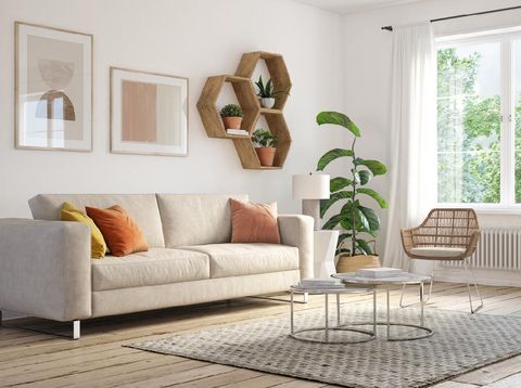 Bohemian living room interior 3d render with  beige colored furniture and wooden elements