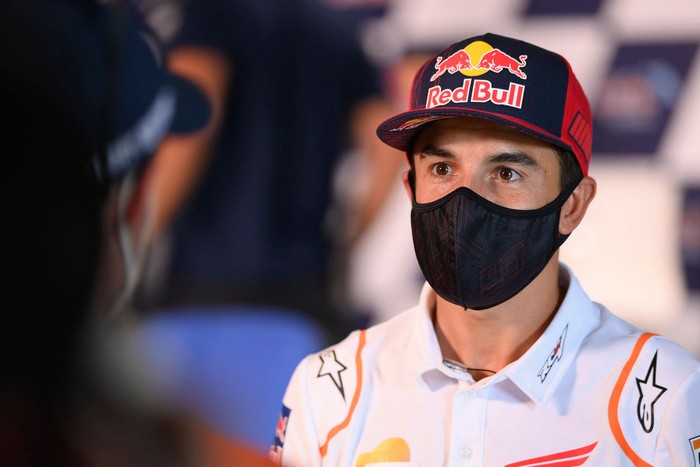JEREZ DE LA FRONTERA, SPAIN - JULY 16: Marc Marquez of Spain and Repsol Honda Team looks on during the press conference pre-event during the MotoGP of Spain - Media Opportunity at Circuito de Jerez on July 16, 2020 in Jerez de la Frontera, Spain. (Photo by Mirco Lazzari gp/Getty Images)