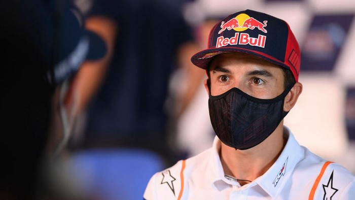 JEREZ DE LA FRONTERA, SPAIN - JULY 16: Marc Marquez of Spain and Repsol Honda Team looks on during the press conference pre-event during the MotoGP of Spain - Media Opportunity at Circuito de Jerez on July 16, 2020 in Jerez de la Frontera, Spain. (Photo by Mirco Lazzari gp/Getty Images)