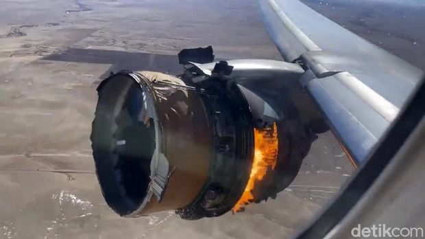 In this image taken from video, the engine of United Airlines Flight 328 is on fire after after experiencing 