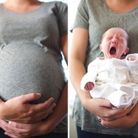 Seorang ibu berpose memperlihatkan perut hamilnya dan setelah melahirkan anak yang dikandungnya digendongnya dengan posisi tepat di perutnya di mana dulu sang bayi berada. Sang bayi berpose gemas sambil menguap. Foto: dok. colourherhope.com