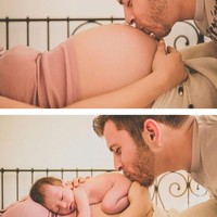 Foto manis yang meneduhkan hati ini menampilkan before after hamil hingga melahirkan di mana saat hamil, perut sang ibu dicium oleh pasangannya. Dan setelah melahirkan pose serupa dibuat hanya saja kali ini yang dicium si ayah adalah bayinya. Foto: dok. colourherhope.com
