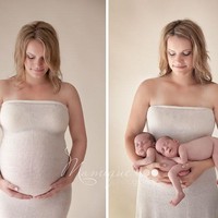 Mamique Photography memotret seorang ibu yang hamil anak kembar. Foto before after hamil hingga melahirkan dibuat simple namun tetap terkesan memiliki kekuatan dengan menampilkan si ibu berpose menggendong anak kembarnya di kedua tangannya. Foto: dok. Mamique Photography