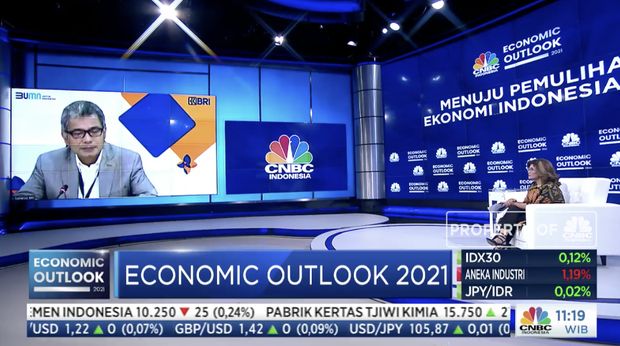 Direktur Utama Bank BRI, Sunarso dalam acara CNBC Indonesia Economic Outlook dengan tema 