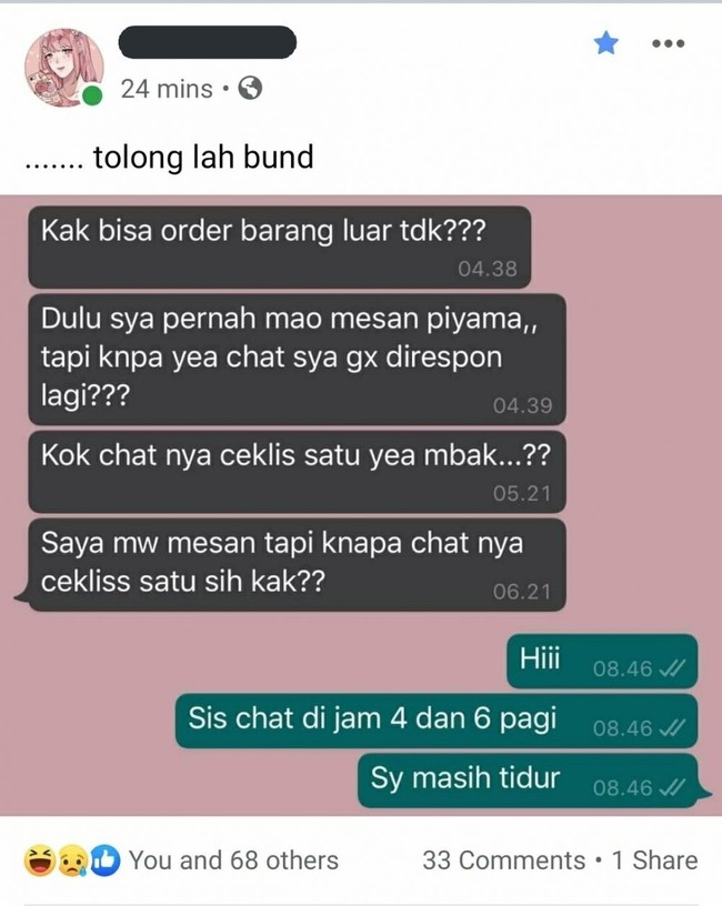 Definisi pelanggan yang terlalu rajin. Subuh-subuh udah chat mau beli barang. Jelas aja deh nggak dibalas sama penjualnya. Ada-ada aja memang ulah netizen. Foto: Twitter/@txtdarionlshop