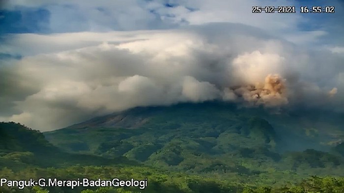 Potret erupsi Gunung Merapi, Kamis (25/2/2021) sore ini. Gunung Merapi meluncurkan awan panas sejauh 1,5 km.