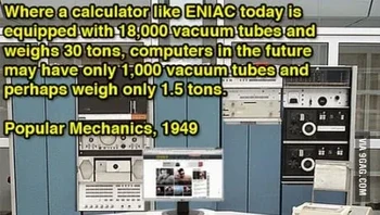 Popular Mechanics tahun 1949 menulis komputer saat itu beratnya 30 ton dan menduga komputer masa depan beratnya 1,5 ton. Hari ini, kita sudah punya komputer tablet atau laptopn yang sangat ringan. Foto: via Science Alert