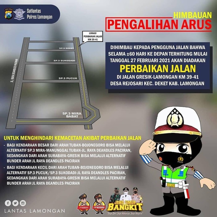 Jalan poros nasional di Lamongan akan mulai diperbaiki pada Sabtu (27/2). Tepatnya di KM 39-41, Desa Rejosari, Kecamatan Deket.