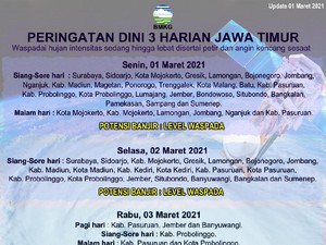 BMKG Prediksi Sejumlah Daerah di Jatim Diguyur Hujan pada Siang hingga Malam