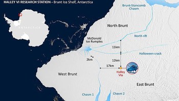Ini adalah lokasi di mana gunung es itu terbelah. Tim ilmuwan Inggris saat ini terus mengamati pergerakan gunung es itu dengan perangkat GPS dan juga citra satelit. Peristiwa semacam ini disebut sebagai sesuatu yang alami dan juga kecil kemungkinannya disebabkan oleh perubahan iklim. Foto: British Antartic Survey