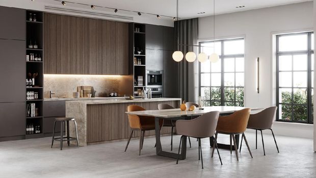 Ilustrasi Lampu Dapur 3D rendering of a kitchen bay and dining area in living room. Large and luxurious interiors of a living room with attached kitchen and dining table.