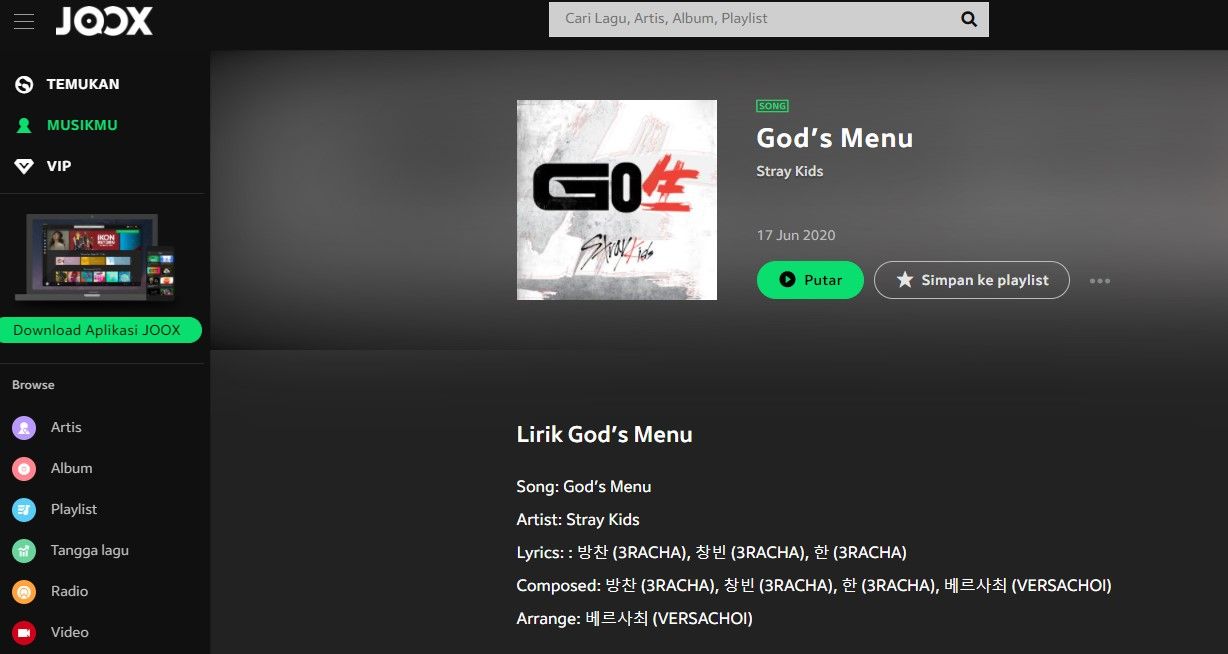 Tangkapan layar JOOX via web