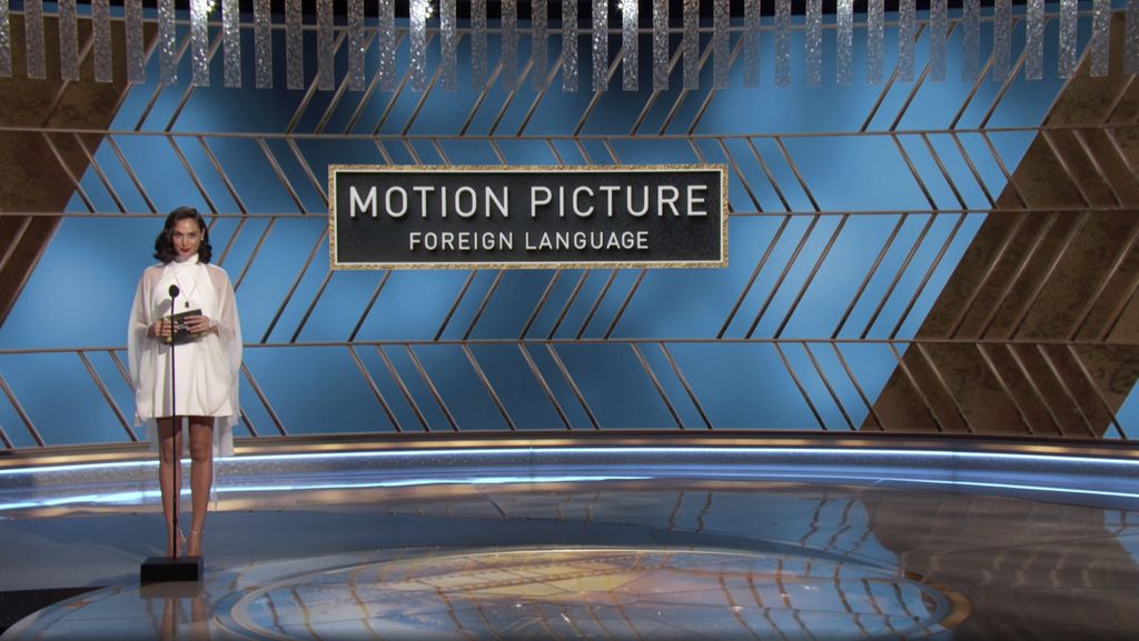 In this video grab issued Sunday, Feb. 28, 2021, by NBC, Gal Gadot presents the award for best foreign language motion picture at the Golden Globe Awards. (NBC via AP)