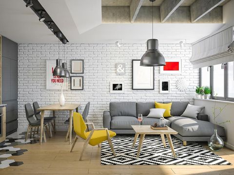 Render of a beautiful and modern living room for young family. Concrete and wood desing with yellow color furniture to enrich the room.