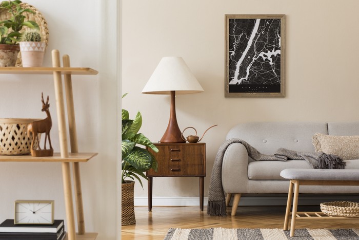Ilustrasi Rumah Minimalis Design scandinavian home interior of living room.Beige wall. Modern home staging. Template. Japandi.