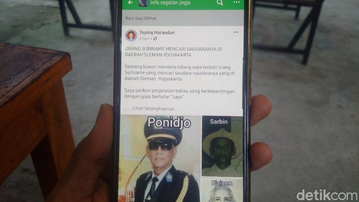 Postingan tentang pensiunan polisi Suriname mencari saudaranya di Sleman di salah satu grup Facebook.