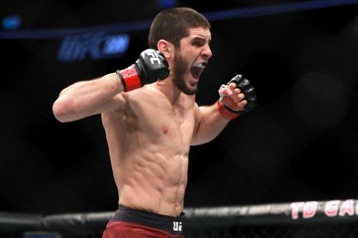 BOSTON, MA - JANUARY 20: Islam Makhachev celebrates his first round knockout against Gleison Tibau in their Lightweight fight during UFC 220 at TD Garden on January 20, 2018 in Boston, Massachusetts.   Mike Lawrie/Getty Images/AFP (Photo by Mike Lawrie / GETTY IMAGES NORTH AMERICA / Getty Images via AFP)