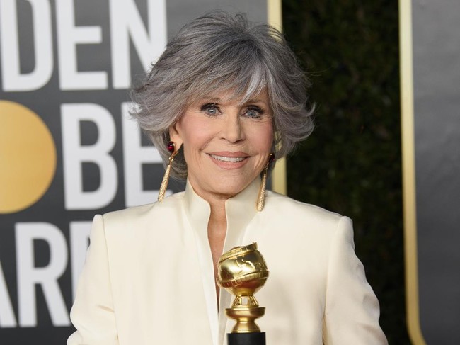 Cecil B. deMille Award recipient Jane Fonda poses with the trophy at the 78th Annual Golden Globe Awards at the Beverly Hilton in Beverly Hills, CA on Sunday, February 28, 2021.