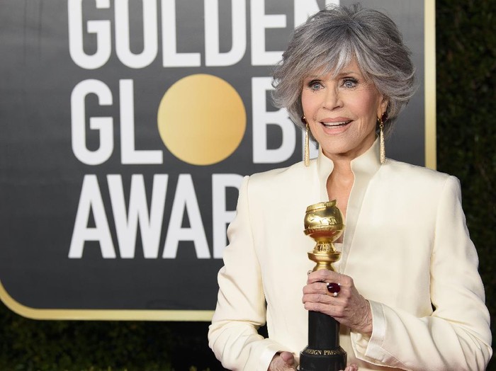 Cecil B. deMille Award recipient Jane Fonda poses with the trophy at the 78th Annual Golden Globe Awards at the Beverly Hilton in Beverly Hills, CA on Sunday, February 28, 2021.