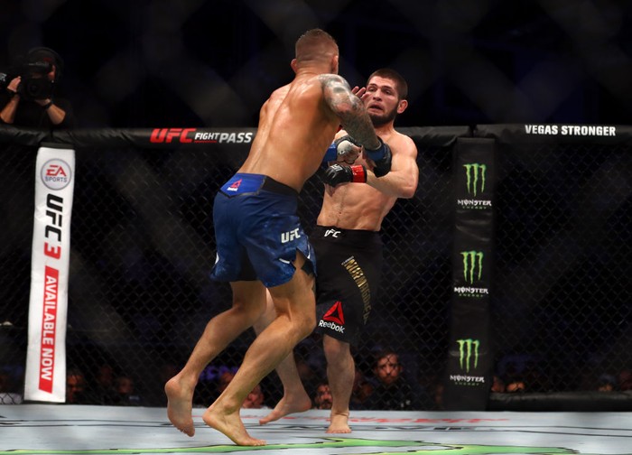 ABU DHABI, UNITED ARAB EMIRATES - SEPTEMBER 07: Khabib Nurmagomedov of Russia compete against Dustin Poirier of United States in their Lightweight Title Bout during the UFC 242 event at The Arena on September 07, 2019 in Abu Dhabi, United Arab Emirates. (Photo by Francois Nel/Getty Images)