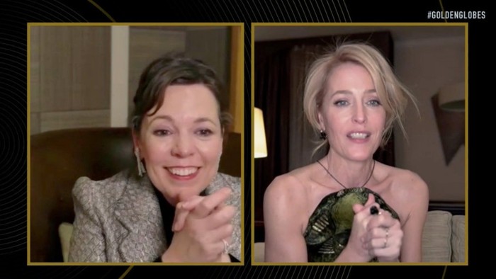 78th ANNUAL GOLDEN GLOBE AWARDS -- Pictured in this screen grab: (l-r) Olivia Colman and Gillian Anderson, winner of Best Performance by an Actress in a Supporting Role in a Series, Limited Series or Motion Picture Made for Television for “The Crown”, speak at the 78th Annual Golden Globe Awards on February 28, 2021. -- (Photo by: NBC)