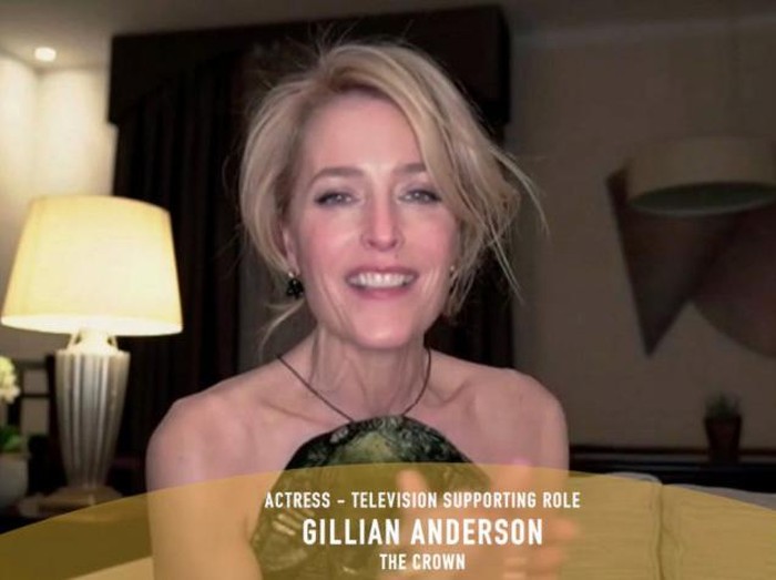 78th ANNUAL GOLDEN GLOBE AWARDS -- Pictured in this screen grab: Gillian Anderson, winner of Best Performance by an Actress in a Supporting Role in a Series, Limited Series or Motion Picture Made for Television for “The Crown”, speaks at the 78th Annual Golden Globe Awards on February 28, 2021. -- (Photo by: NBC)