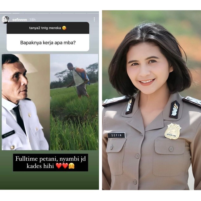 Polwan cantik Briptu Sefin sedang menjadi perbincangan warganet. Pasalnya dia tak ragu mengungkap pekerjaan ayahnya ketika sesi tanya jawab di Instagram Story. Ia menyebutkan jika ayahnya seorang petani dan kepala desa. Foto: Dok. Instagram @sefinnnn.
