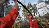 Sejumlah petugas pemadam kebakaran Manggala Agni Kementerian Lingkungan Hidup dan Kehutanan membantu pemadaman kebakaran di hutan lindung PT Chevron Pacific Indonesia di Kota Pekanbaru, Riau, Rabu (3/3/2021). ANTARA FOTO/FB Anggoro.