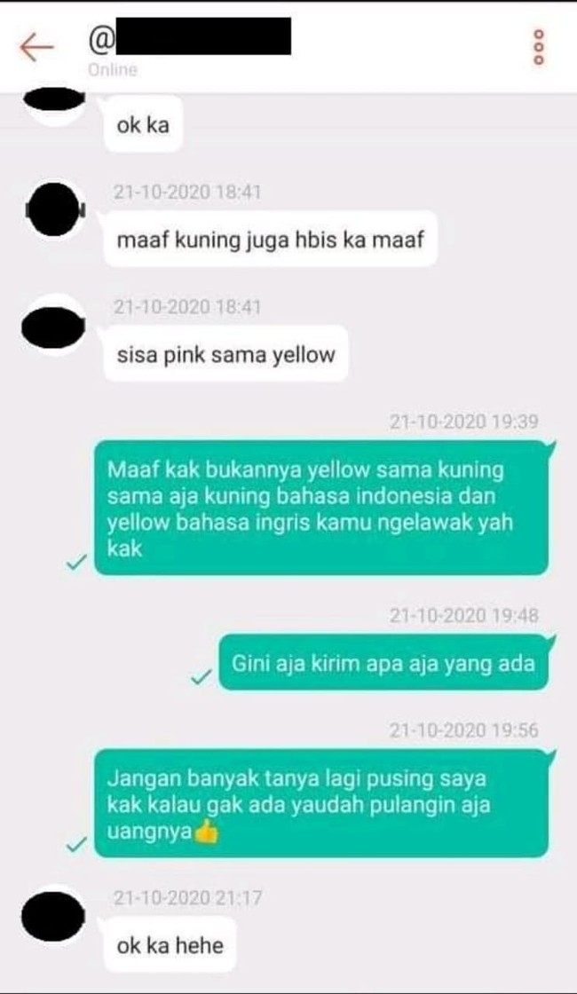 Si pembeli sampai terlihat kesal nih membaca chat dari penjual olshopnya. Saking kesalnya sampai hampir nggak jadi beli. Foto: Twitter/@txtdariolshop