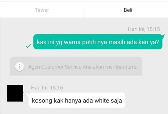 Mohon maaf tapi kan white sama putih sama saja. Harusnya penjual olshopnya cari tahu artinya dulu nih sebelum bikin pilihan di olshopnya pakai bahasa Ingris. Foto: Twitter/@txtdariolshop