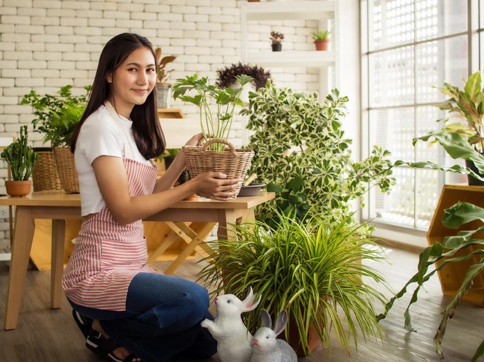 asia  beautiful woman taking care of her potted plants at home