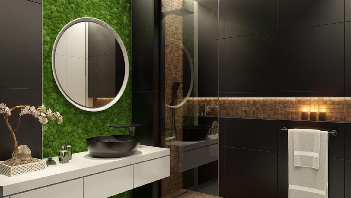 Luxurious bathroom with natural stone tiles and elegant round mirror.
Candle lens flare effect. Green moss wall.