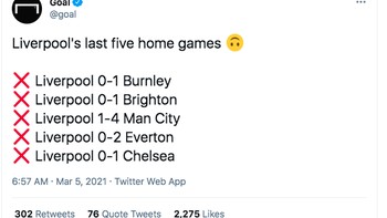 5 kali pertandingan di kandang sendiri Liverpool selalu kalah. Foto: Twitter