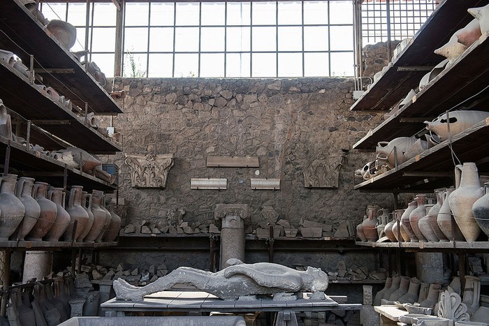POMPEI, ITALY - APRIL 12:  Amphorae and other archaeological finds are stored inside a storage area at the archaeological site, waiting to be assigned to the Naples Museum on April 12, 2014 in Pompei, Italy.  The Italian government has enacted a series of provisions for the strengthening of the private security inside the archaeological site, following the recent theft of part of the fresco of Artemis. In 2013 Pompeii was visited by almost 2.5 million tourists.  (Photo by Giorgio Cosulich/Getty Images)