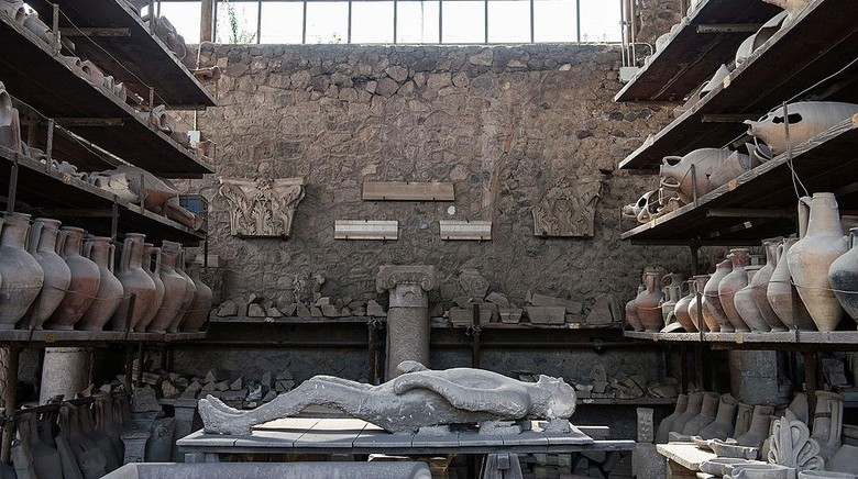 POMPEI, ITALY - APRIL 12:  Amphorae and other archaeological finds are stored inside a storage area at the archaeological site, waiting to be assigned to the Naples Museum on April 12, 2014 in Pompei, Italy.  The Italian government has enacted a series of provisions for the strengthening of the private security inside the archaeological site, following the recent theft of part of the fresco of Artemis. In 2013 Pompeii was visited by almost 2.5 million tourists.  (Photo by Giorgio Cosulich/Getty Images)