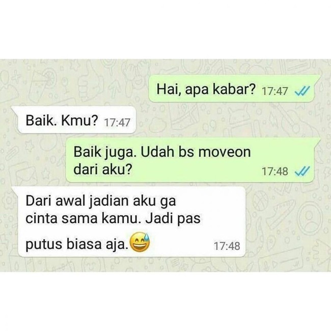 Berharap dijawab manis sama mantan, eh nggak taunya jawabannya malah bikin pengin nangis dalam hati nih. Yang sabar ya mblo, mending cari yang lain aja deh.. Foto: instagram/@duhreceh.id