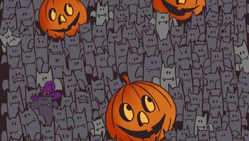 Ada kucing sembunyi di antara hantu-hantu hallowen. Foto: Brightside