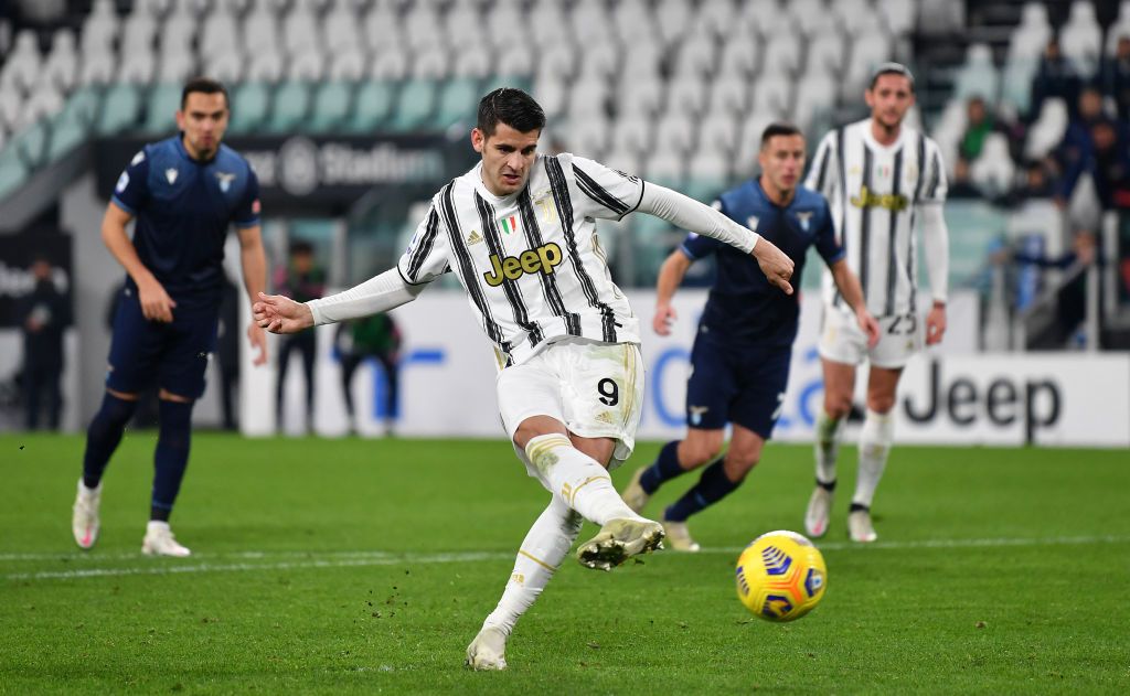 TURIN, ITALY - MARCH 06: Alvaro Morata of Juventus  celebrates with Adrien Rabiot  after scoring their team's third goal from the penalty spot during the Serie A match between Juventus  and SS Lazio at Allianz Stadium on March 06, 2021 in Turin, Italy. Sporting stadiums around Italy remain under strict restrictions due to the Coronavirus Pandemic as Government social distancing laws prohibit fans inside venues resulting in games being played behind closed doors. (Photo by Valerio Pennicino/Getty Images)