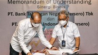 Direktur PT Bank Tabungan Negara (Persero) Tbk Jasmin bersama Direktur Keuangan Pelindo III Endot Endang Dono menunjukkan naskah kerjasama pemanfaatan produk dan layanan perbankan yang telah ditandatangani di Surabaya. Foto: dok. Pelindo III