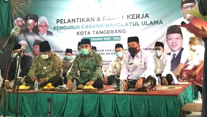 Sekjen Partai Gerindra Ahmad Muzani memberikan sambutan dalam pelantikan dan rapat kerja pengurus cabang Nahdlatul Ulama Kota Tangerang pada Minggu (7/3/2021). Dok Istimewa