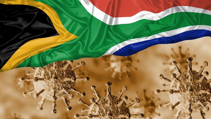 1213946040 enlarged coronavirus, covid-19 under the flag of South Africa. Pandemic of respiratory disease. 3D rendering