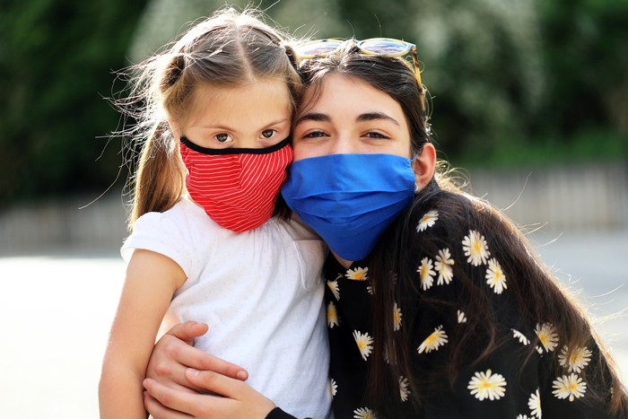 Two cheerful girls wearing face protective mask having fun outdoors