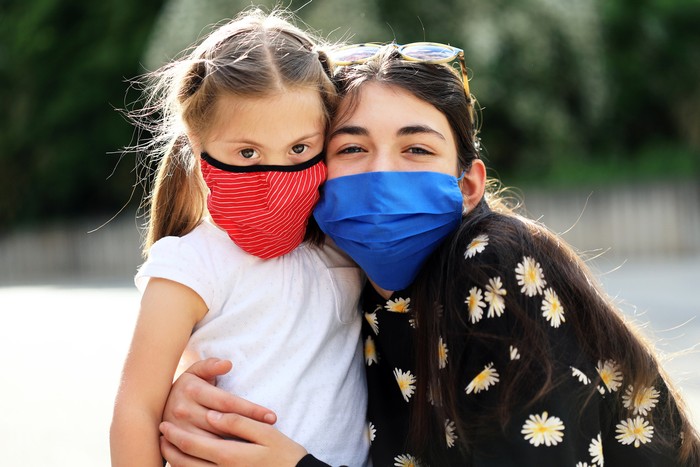 1227608796 Two cheerful girls wearing face protective mask having fun outdoors