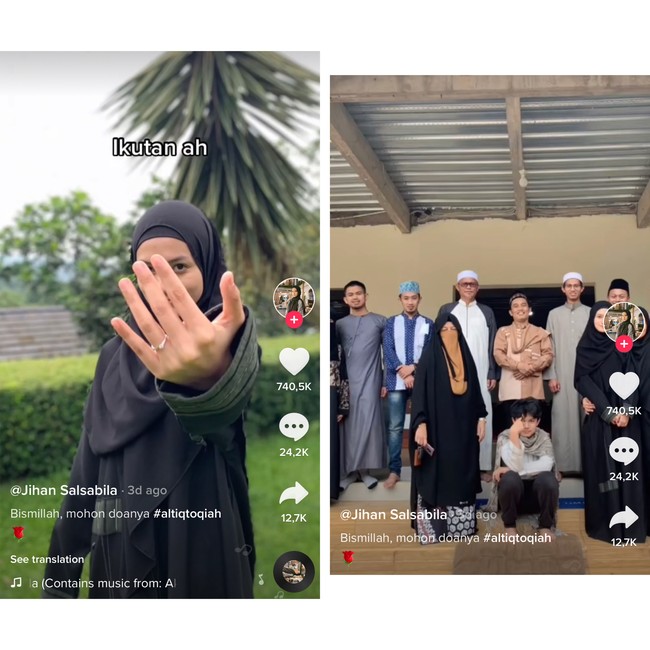Jihan Salsabila membagikan momen bahagianya di akun TikToknya @jihansalsabila44. Ia melepaskan masa lajangnya dan menunjukkan cincin tanda bukti keseriusan ustaz pengisi acara Islam Itu Indah di Trans TV, Ustaz Syam. Dalam video yang diunggah Jijan tersebut, terlihat ada pertemuan keluarga kedua belah pihak dan ada juga Ustaz Maulana. Bismillah, mohon doanya #altiqtoqiah, tulis akun @jihansalsabila44. Foto: tangkap layar akun TikTok @jihansalsabila44.