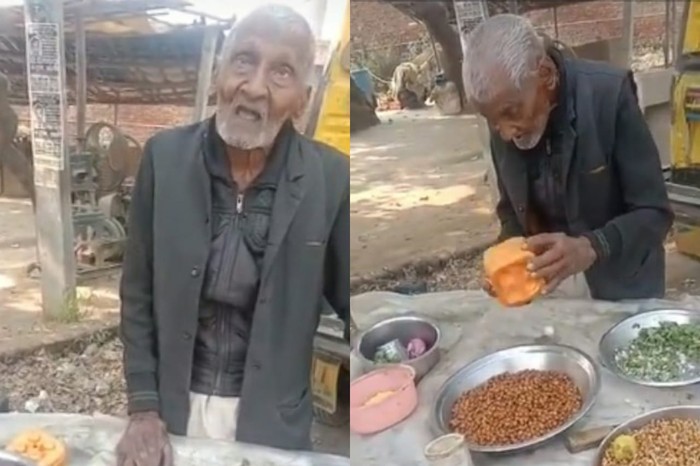 kakek 98 tahun di India masih semangat jualan salad kacang di pinggir jalan walaupun fisiknya sudah renta.