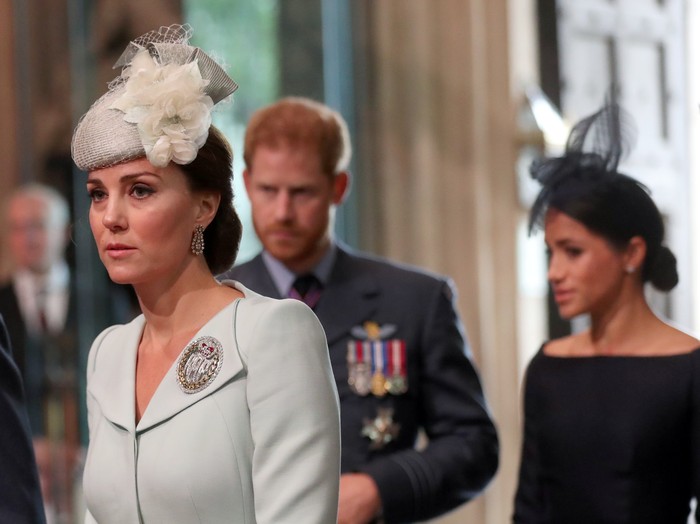 LONDON, ENGLAND - JULY 10:  Prince Harry, Duke of Sussex his wife Meghan, Duchess of Sussex, and Catherine, Duchess of Cambridge arrive for a service to commemorate The Royal Air Forces 100th Birthday at Westminster Abbey on July 10, 2018 in London, England. (Photo by Simon Dawson - WPA Pool/Getty Images)