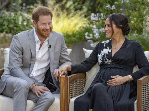 This image provided by Harpo Productions shows Prince Harry, left, and Meghan, Duchess of Sussex, speaking about expecting their second child during an interview with Oprah Winfrey. 