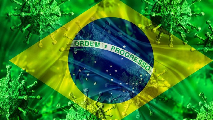 covid-19 disease caused by the coronavirus contaminating Brazil. National flag flying with virus. 3D rendering