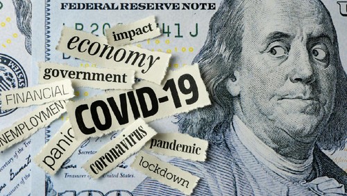 Benjamin Franklin looking COVID-19 newspaper headlines on One Hundred Dollar Bill