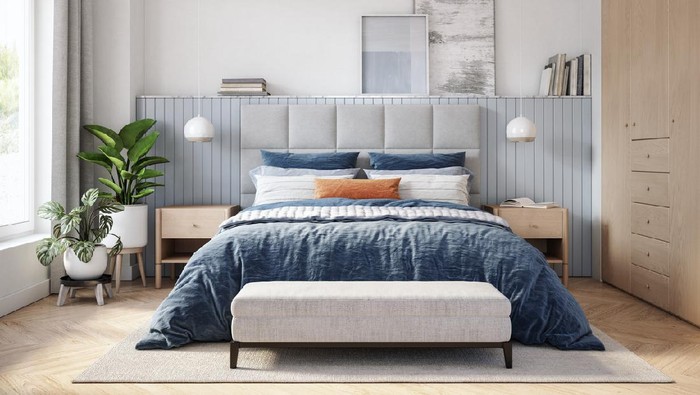 Bedroom interior with wooden furniture, 3d render